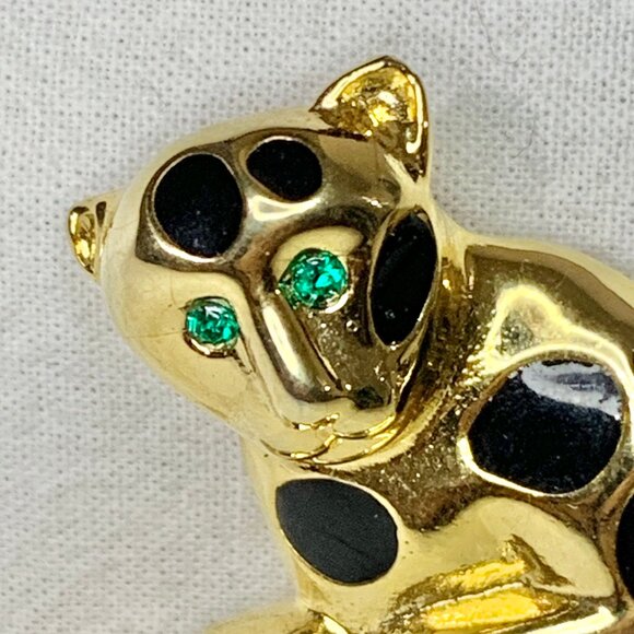 VTG 80s Panther Leopard Brooch Pin Gold Tone Black Enamel Rhinestone Cat Jewelry - Picture 2 of 6